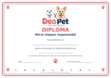 Diploma „Micul stăpân responsabil” Dea Pet, cu cățeii Toto și Jolie, loc pentru numele copilului, data și semnătura Dea